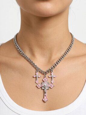 Silver Tone Pink Enamel Triple Cross Crucifix Charm Chunky Chain Necklace Y2K